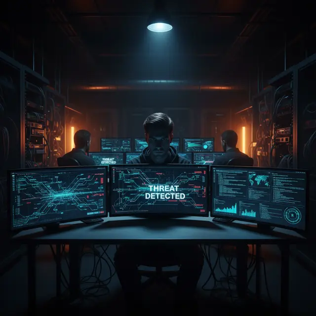 Cybersecurity operations center with illuminated monitoring dashboards