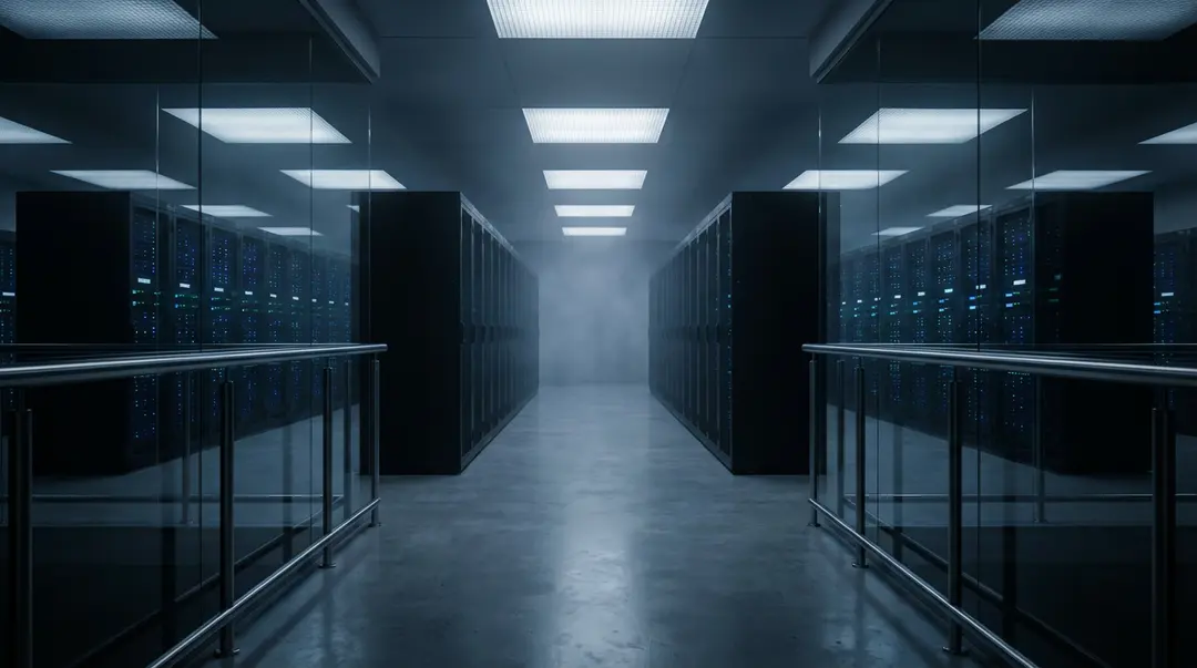 Enterprise data center server room with professional technician